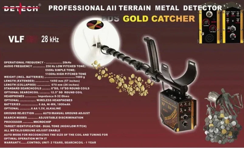 Detector de metales DETECH EDS Gold Catcher de 28 kHz VLF con 3 bobinas de búsqueda